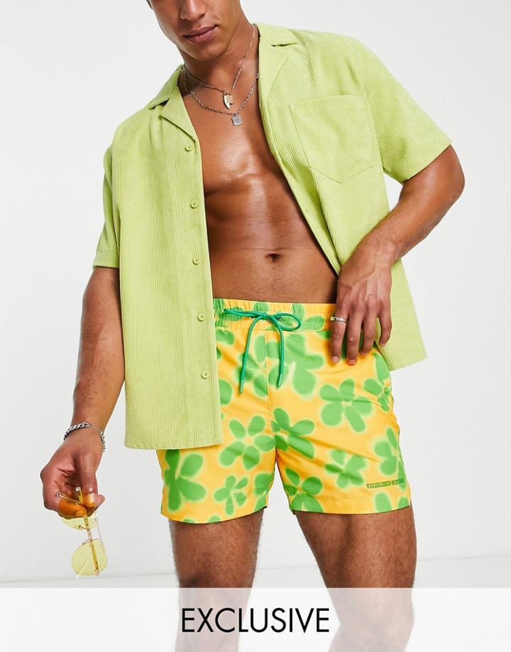 Reclaimed Vintage Inspired Unisex Swim Short In Yellow Flower Print-multi