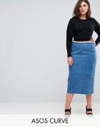 Asos Curve Denim Midi Pencil Skirt In Mid Wash Blue - Blue