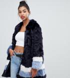 Prettylittlething Contrast Stripe Faux Fur Coat In Navy - Navy