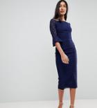 Little Mistress Tall All Over Lace Bardot Midi Dress With Fluted Sleeve Detail - Navy