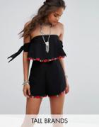 Kiss The Sky Tall Off Shoulder Romper With Tie Sleeves And Embroidered Rose Trim - Black
