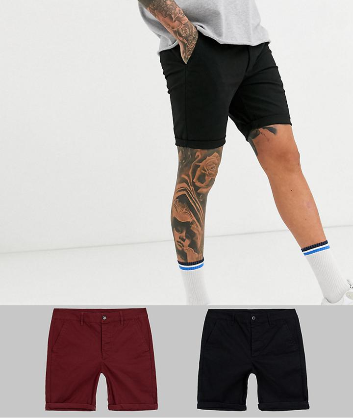 Asos Design 2 Pack Super Skinny Chino Shorts In Burgundy & Black Save-multi