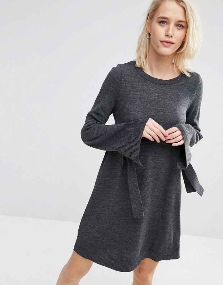 Asos Knit Dress With Tie Cuff Detail - Gray