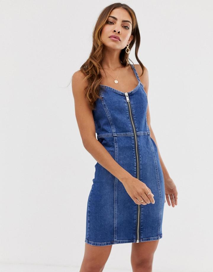 River Island Denim Mini Dress With Zip Through In Mid Wash-blue
