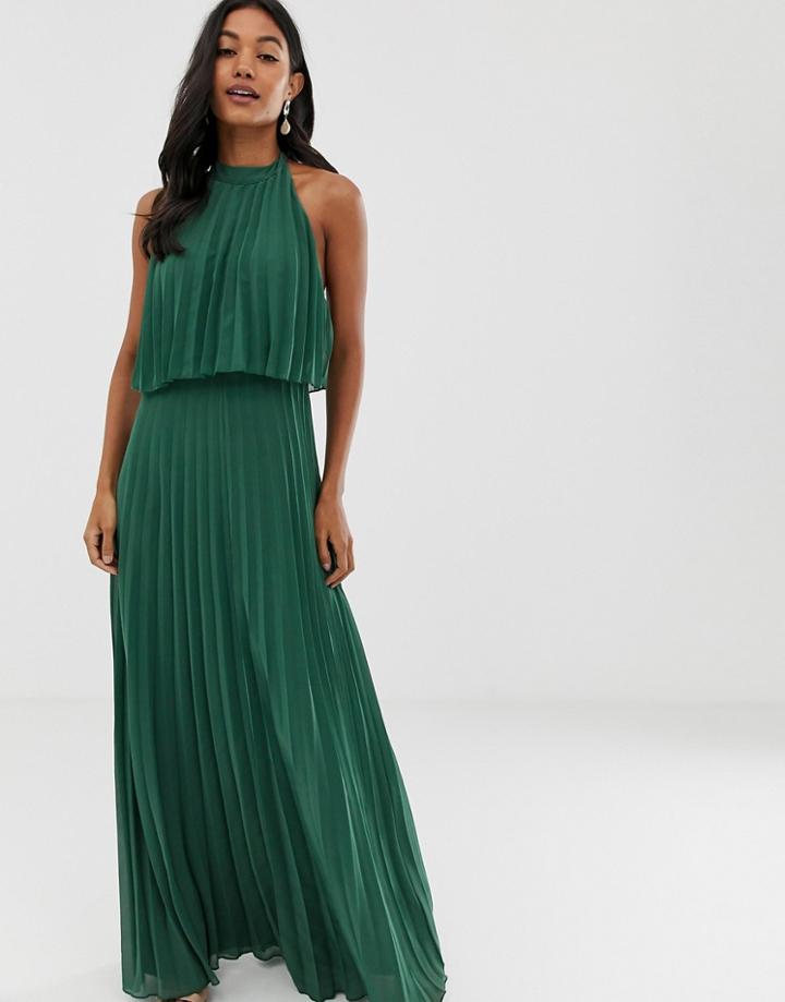 Asos Design Halter Tie Neck Maxi Dress In Pleat-green