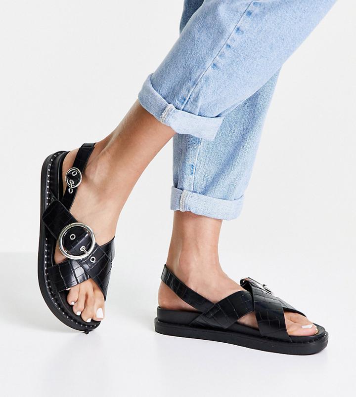 Glamorous Wide Fit Cross Strap Chunky Sandals In Black Croc