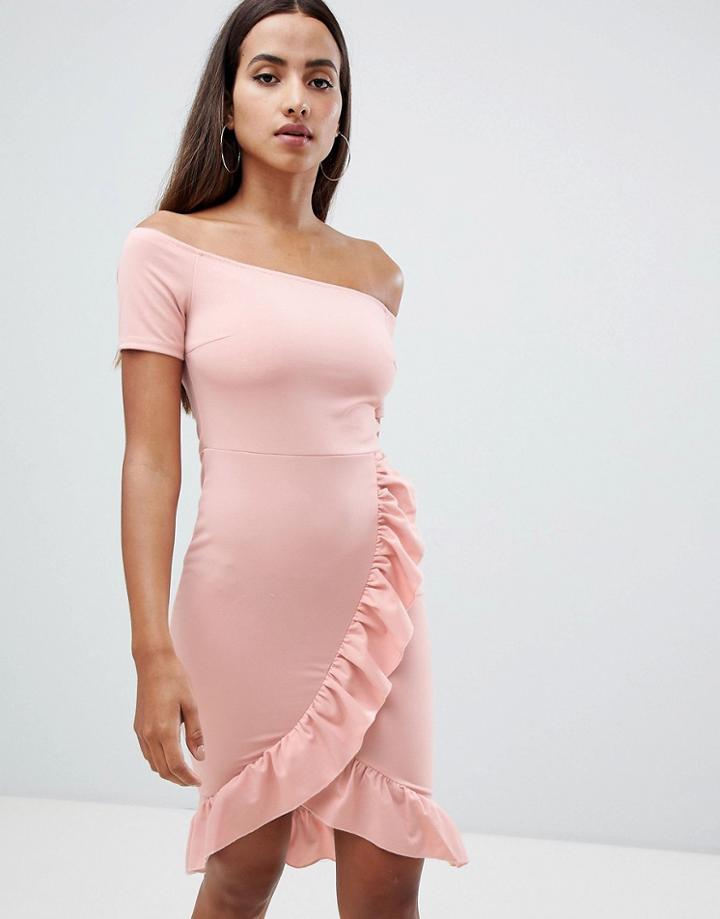 Ax Paris Bardot Dress With Frill Detail - Pink
