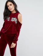 Love & Other Things Cold Shoulder Velvet Sweatshirt With Embroidered Detail - Red