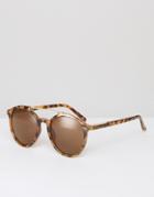 South Beach Tortoiseshell Round Sunglasses With Metal Brow Bar - Brown