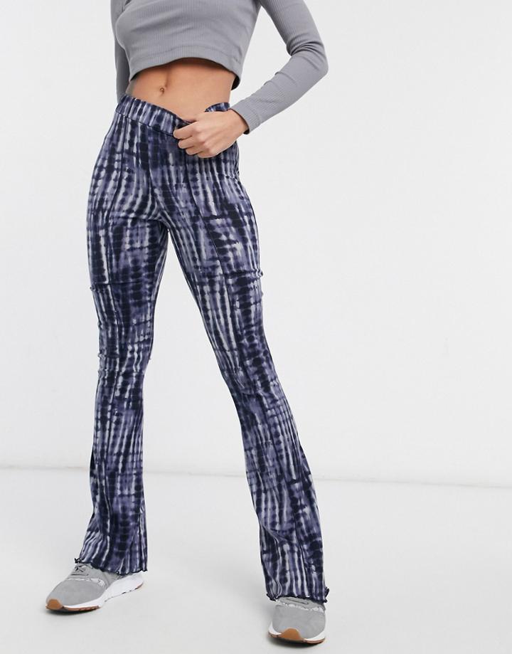 Topshop Lettuce Hem Flared Pants In Navy Tie Dye