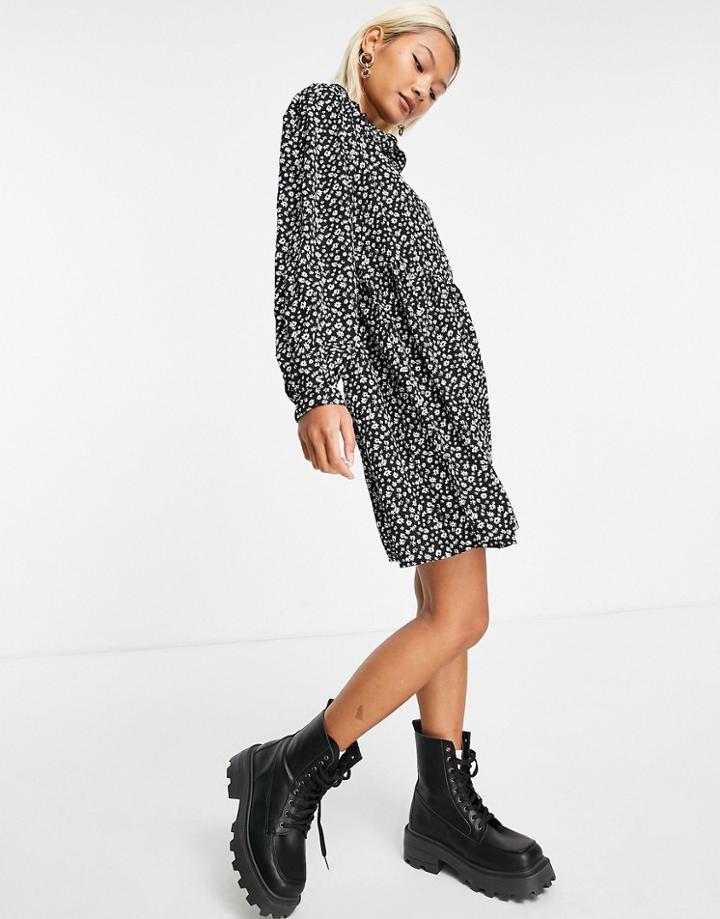 Daisy Street Long Sleeve Mini Smock Dress In Ditsy Floral-black