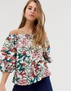 Qed London Bardot Top With Tiered Sleeves In White Floral - White