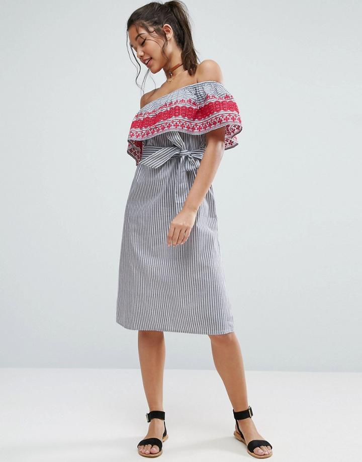 Asos Off Shoulder Midi Sundress In Stripe Cotton With Embroidery - Mul