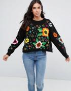 Amy Lynn Floral Embroidered Sweater - Black