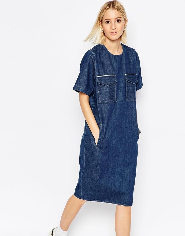 Asos White Selvage Denim Military Midi Dress - Blue