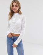 Asos Design Top In Pointelle Paisley With Half Zip-white