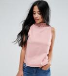 Asos Petite Shell Top In Ponte With Pretty Shirred Neck - Pink