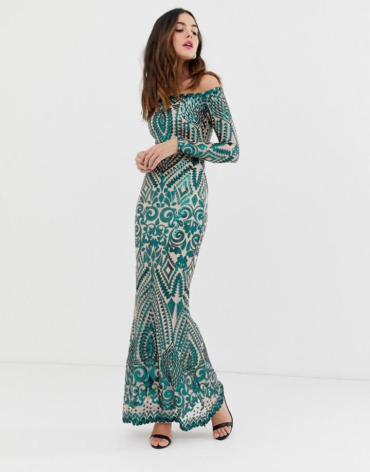 City Goddess Long Sleeve Bardot Fully Embellished Maxi Dress - Green