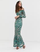 City Goddess Long Sleeve Bardot Fully Embellished Maxi Dress - Green