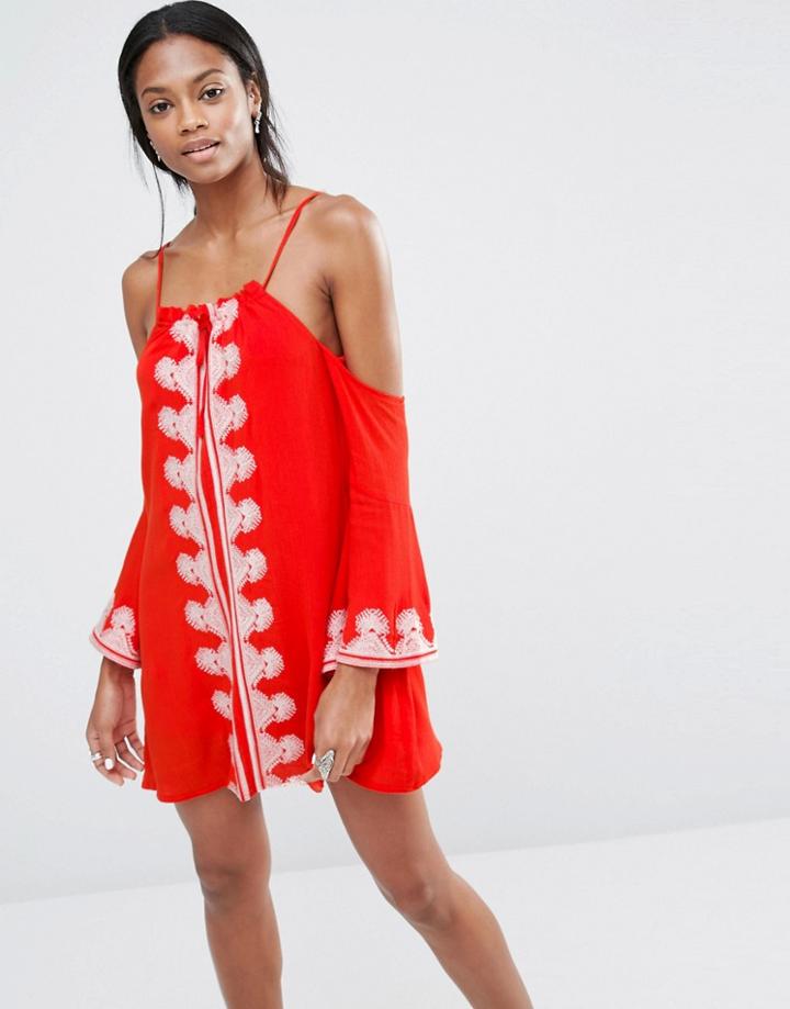 Missguided Cold Shoulder Embroidered Swing Dress - Orange