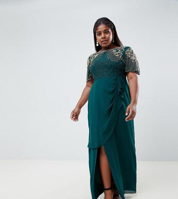 Virgos Lounge Plus Ariann Embellished Maxi Dress With Frill Wrap Skirt In Emerald Green - Green