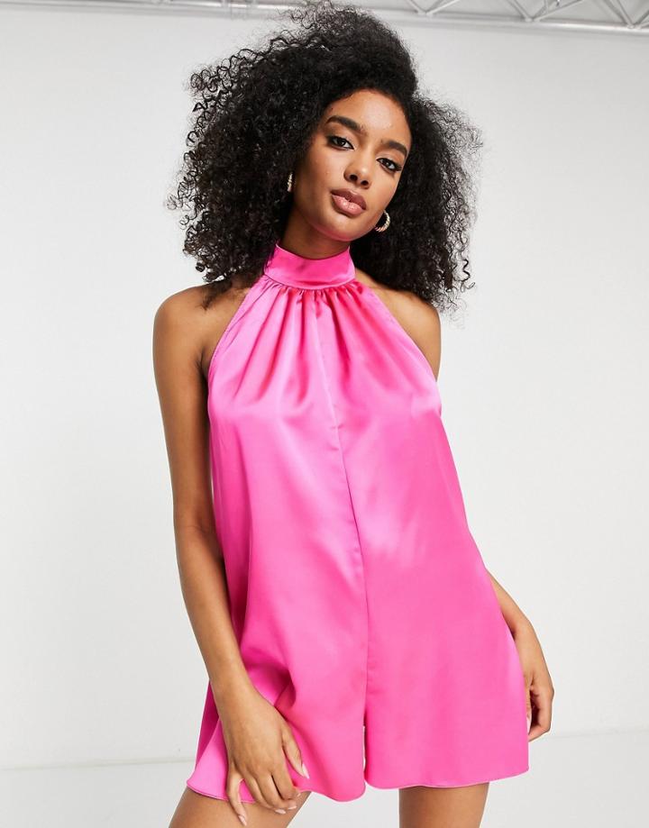 Asos Design Satin Halter Neck Romper In Hot Pink