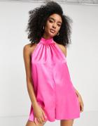 Asos Design Satin Halter Neck Romper In Hot Pink