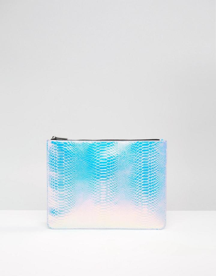 Skinnydip Exclusive Holographic Faux Snake A4 Zip Top Pouch - Silver