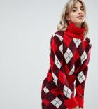 Prettylittlething Crop Roll Neck Sweater In Red Argyle - Red