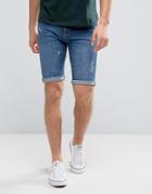 New Look Skinny Denim Shorts With Abrasions In Mid Wash - Blue