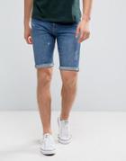 New Look Skinny Denim Shorts With Abrasions In Mid Wash - Blue