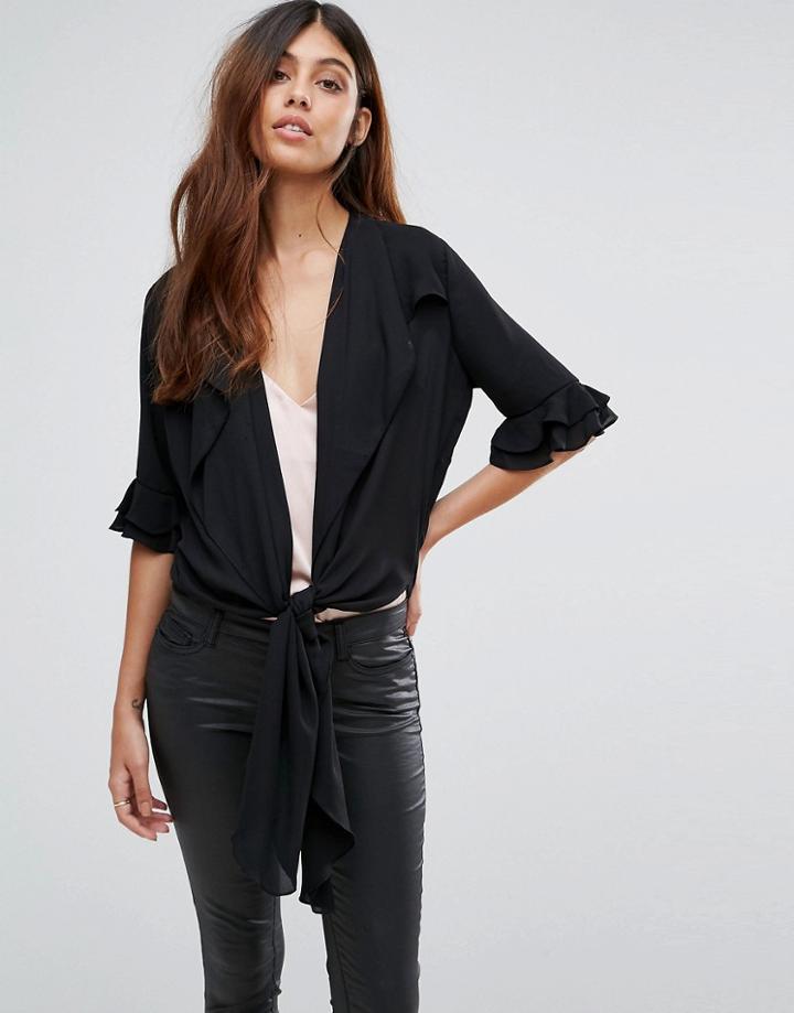 Goldie Salsa Chiffon Tie Front Top With Bell Sleeves - Black