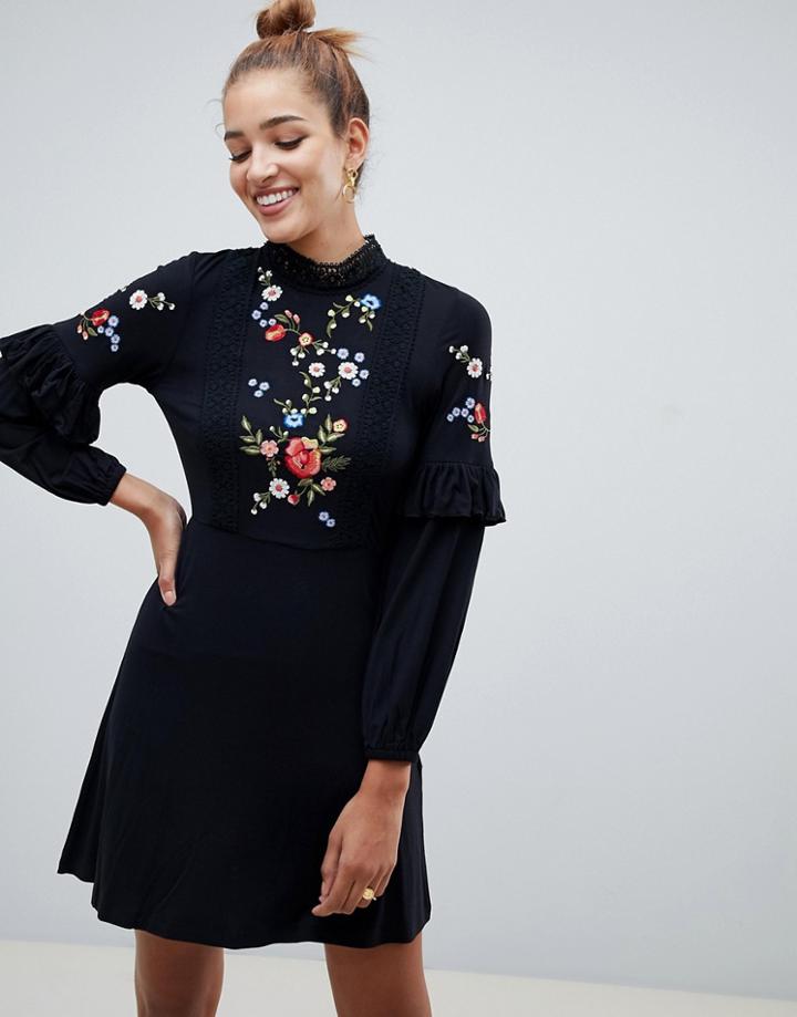 Asos Design Embroidered High Neck Smock Dress - Black