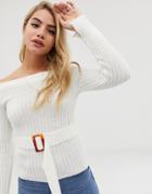 Asos Design Off Shoulder Rib Knit Sweater With Belt Detail-cream
