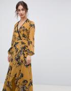 Hope & Ivy Long Sleeve Wrap Front Maxi Dress In Bird Print - Multi