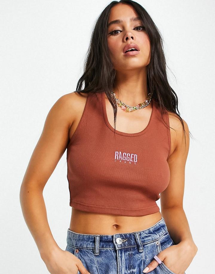 The Ragged Priest Shrunken Tank With Embroidered Logo In Rib-brown