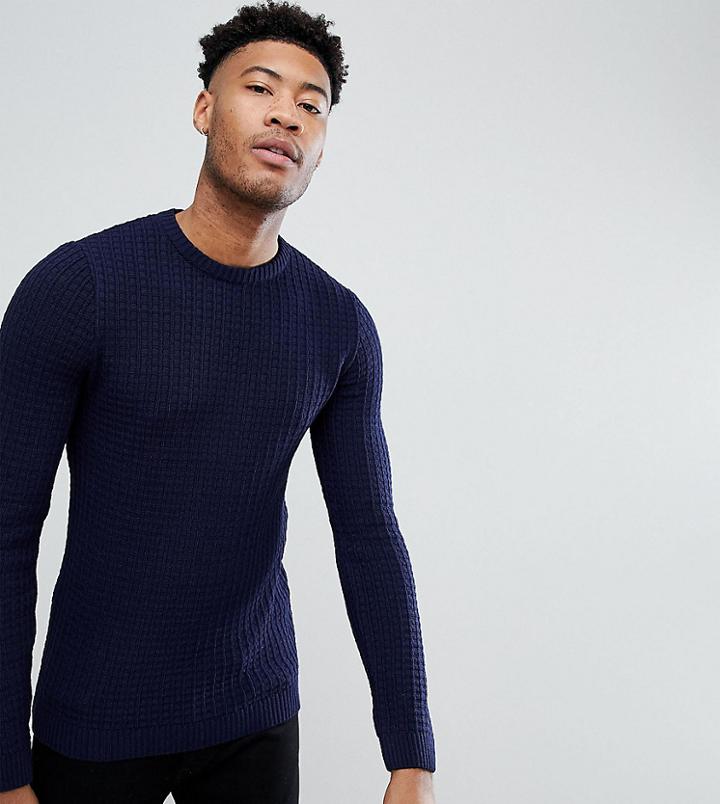 Asos Tall Textured Crew Neck Sweater In Navy - Navy