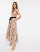 Forever U Cami Strap Sequin Dress With Bow Detail In Rose Gold-pink