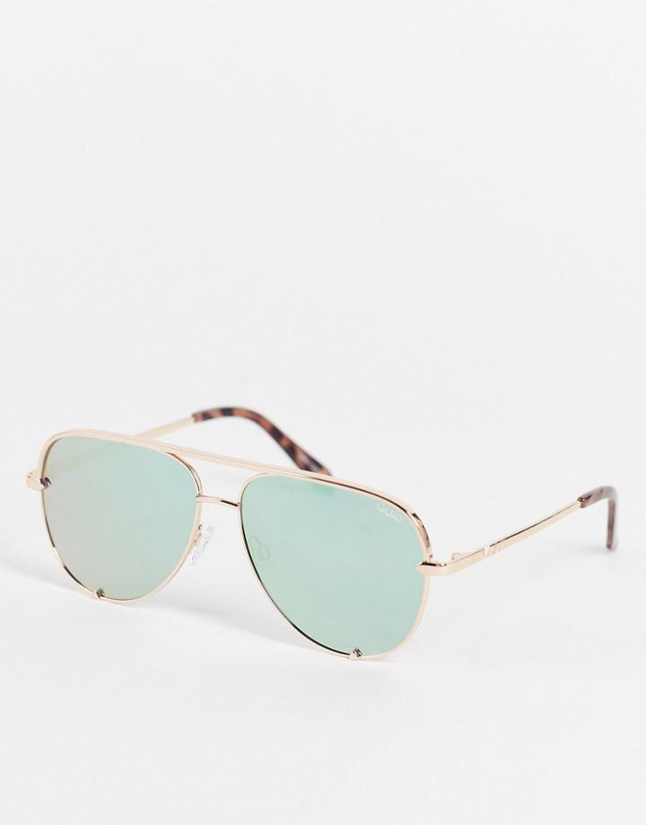 Quay High Key Mini Rimless Womens Aviator Sunglasses In Rose Gold With Mint Green Lens