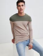 Asos Design Muscle Fit Long Sleeve T-shirt With Contrast Yoke In Beige - Beige