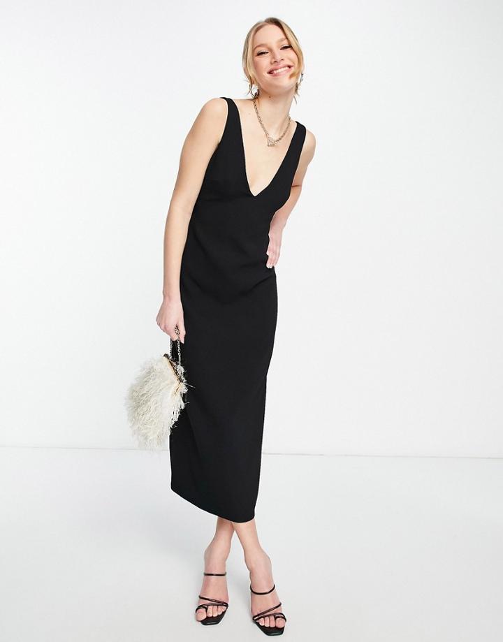 Asos Design Bias Cut Plunge Midi Dress In Ribbed Crepe-black
