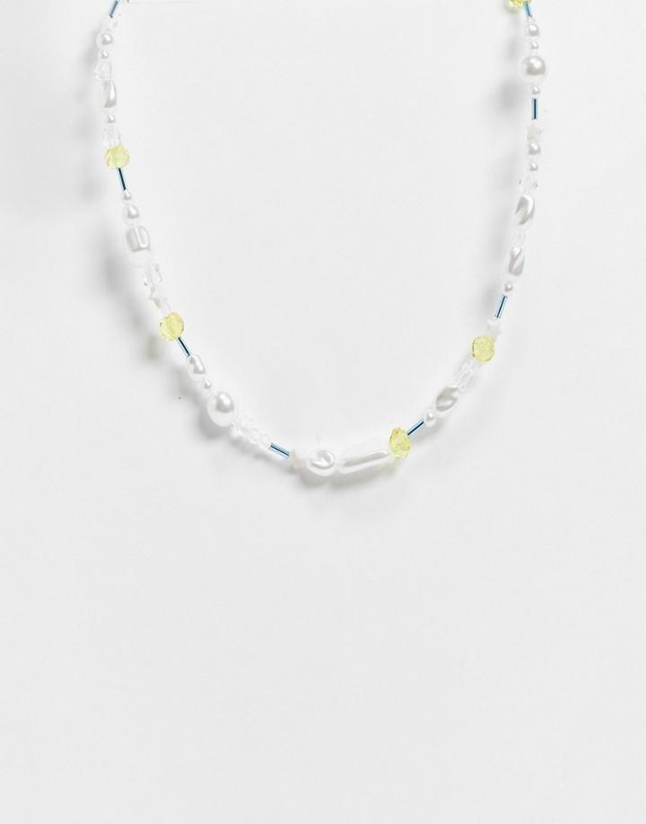 Asos Design Necklace In Blue Yellow Bead Design With Faux Star Pearls-multi