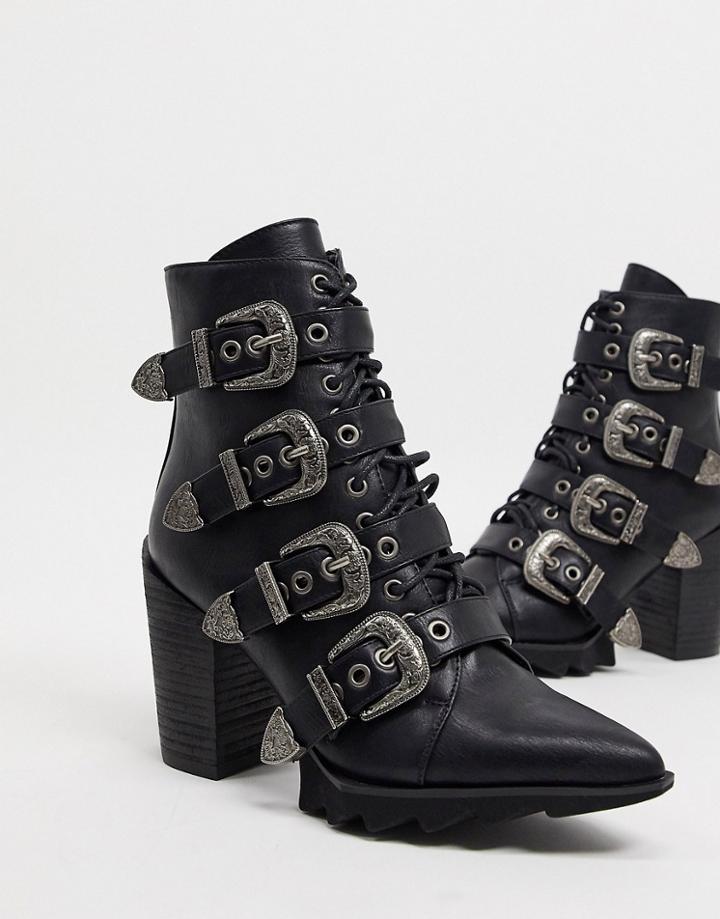 Lamoda Don't Even Heeled Buckle Boots In Black