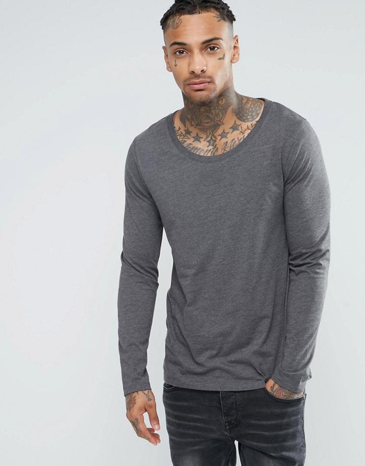 Asos Long Sleeve T-shirt With Scoop Neck In Charcoal - Gray