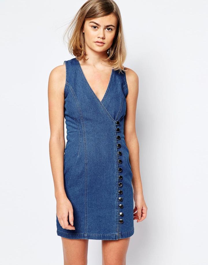 Lost Ink Denim Wrap Shift Dress With Button Through - Mid Denim