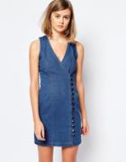 Lost Ink Denim Wrap Shift Dress With Button Through - Mid Denim