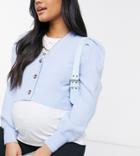 Pieces Maternity Cardigan With Puff Sleeves In Blue-blues