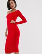 Asos Design Going Out One Sleeve Bodycon Midi Dress-red