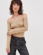 4th & Reckless Knitted Off Shoulder Plunge Sweater In Camel-brown