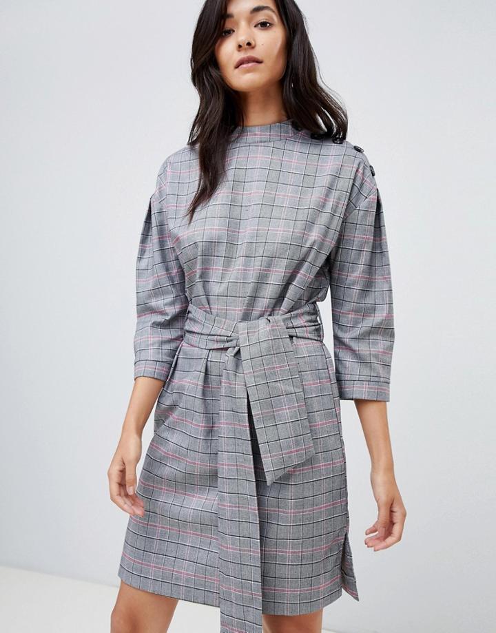 Y.a.s Check Tie Waist Dress With Button Detail - Multi